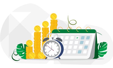 Graphic showing an alarm clock in front of a calendar and a pile of coins